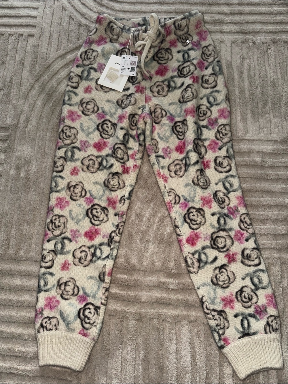 CHANEL Cream Floral Logo Fleece Joggers with Pink & Gray Accents